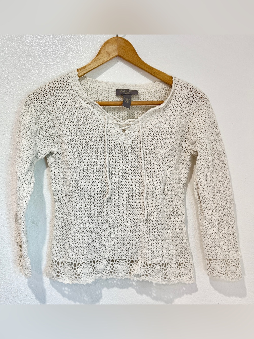 Kate Hill Cottagecore Linen Cotton Crochet Lace Up Sweater Open Knit Pullover XS